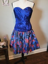 80s/90s Style Prom Dress, Strapless Blue Short Full Floral Bottom, Size XS