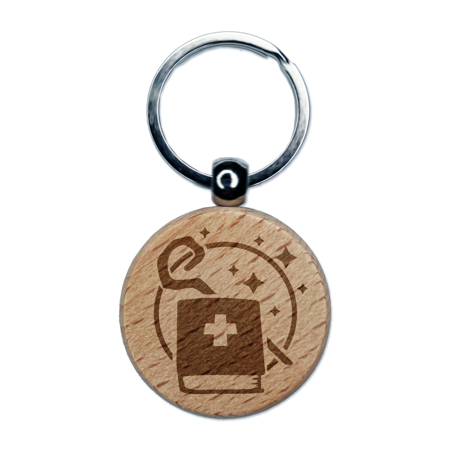 Priest Healer Cleric Engraved Wooden Gaming Keychain with Tome and Staff  