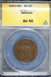 1916 - ANACS AU50 SWEDEN 5 ORE!!  #B20478