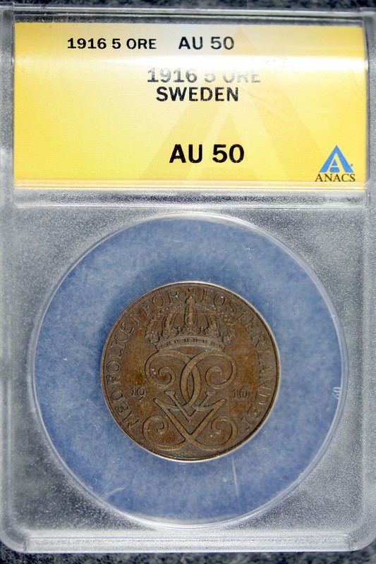 1916 - ANACS AU50 SWEDEN 5 ORE!!  #B20478