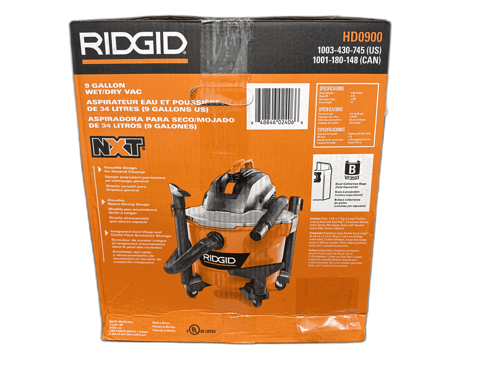 RIDGID 9 Gallon 4.25 Peak HP NXT Shop Vacuum Wet Dry Vac w/General Debris Filter