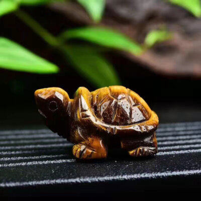 Natural Tiger's Eye Quartz Carved Longevity Turtle Crystal Chakra Healing Stone