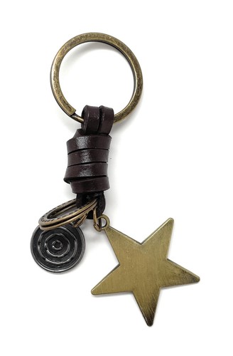 Vintage Messing Stern Schlüsselanhänger mit Lederband Retro Western Style Schlüsselring Geschenk - Bild 2 von 4