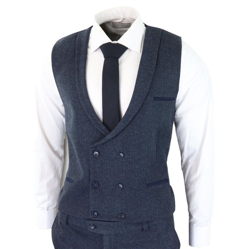 Abito in tweed da uomo 3 pezzi blu spina di pesce doppio girovita classico vintage - Foto 6 di 7