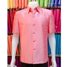 Men Shirt Cloth Thai Traditional Outfit Short Sleeve Uniform Top Summer Pink