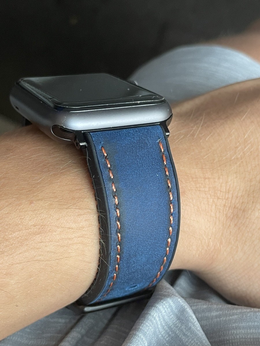APPLE 42 44mm iWatch Waterproof BLUE Leather ORANGE Stitch Black
