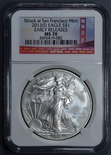 2013(S) $1 AMERICAN SILVER EAGLE UNC ER Struck at SF 1 oz .999 NGC MS 70 A4526