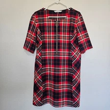 Trina Turk | Truett Plaid Sheath Dress Gold Zipper Front Red Black, Womens 14