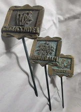 Lot Of 3 Brass Garden Marker Screw In Stakes Savory/Lemon Balm/Garlic Chives 