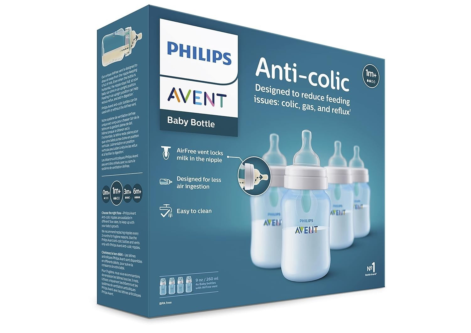 Philips Avent Anti-Colic Baby Bottle with Airfree Vent 9Oz w/ Flow 2 Nipples 1M
