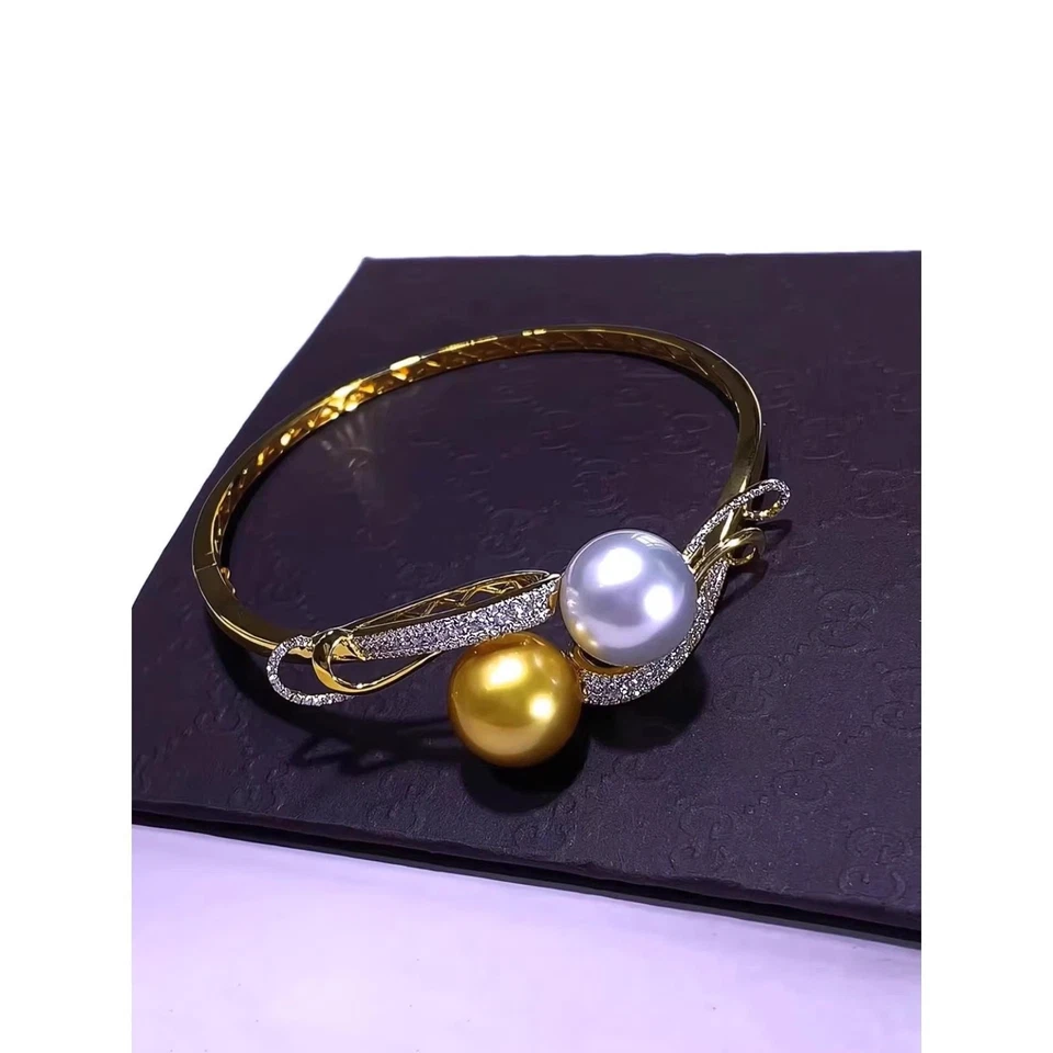 Gorgeous AAAAA Huge 10-11mm Round South Sea Golden White pearl bracelet 925S - Image 3 of 3