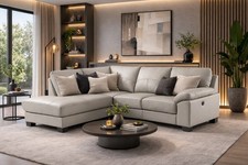 BROOKLYN Grey High Grade Genuine Leather Corner Sofa LH Facing + USB Ports