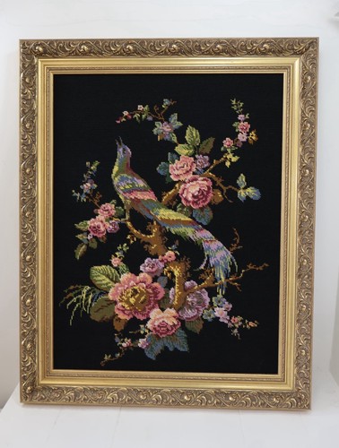 Arazzo vintage completo punto ago uccellino rose cornice ornata oro 30” x 25” - Foto 2 di 12