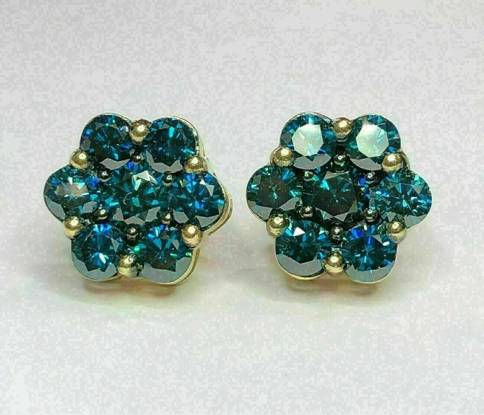 2CT Simulated Blue Topaz Flower Cluster Stud Earring 14K Yellow Gold Plated