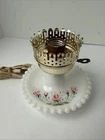 Vintage Milk Glass Hobnail Hand Painted  Flowers Electric Hurricane Lamp READ