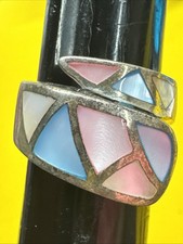 925 Sterling Silver Vintage Mother Of Pearl Mosaic Band Ring Sz 8