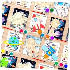 Valentines Day Gifts for Kids, 28 Pack Space Wood Painting Crafts with Cards