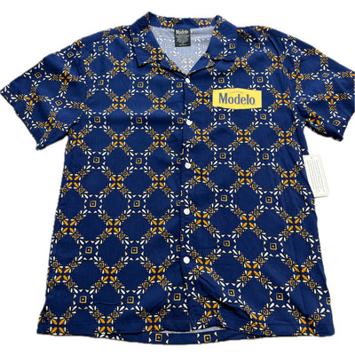Cerveza Modelo Geometric Short Sleeve Button Down Hawaiian Rayon Shirt Beer Men