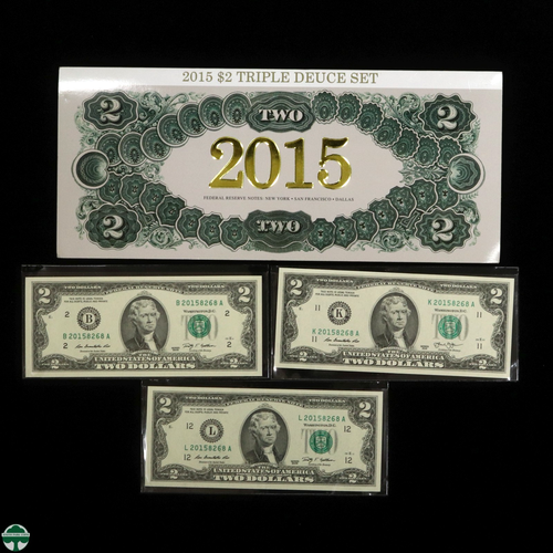 BEP 2015 $2 Triple Deuce Set: Federal Reserves B, K & L - Matching S/Ns 20158268