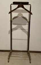 NOVA Brass Tone Walnut Wood Valet Butler Stand Cufflink Tray w/ Suit Hanger MCM