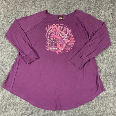 Harley Davidson Shirt Womens 2X Purple Long Sleeve Skull Flames Biker Wisconsin