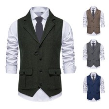 Mens Herringbone Tweed Lapel Wool Waistcoat V-Neck Sleeveless Vest Vintage Suit