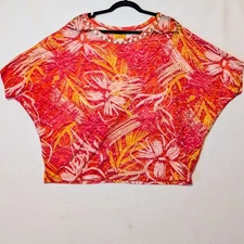 Ruby Rd. Tropical Floral Batwing Top - Pink & Orange Hibiscus Print - Large