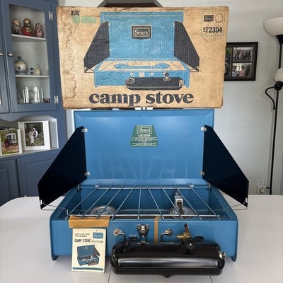 Vintage Sears Roebuck 2 Burner Gas Camp Stove - Blue - NOS NEVER USED w/Box