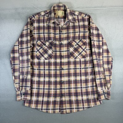 Vintage 80s Sears Fieldmaster Flannel Shirt Mens Medium Tall Plaid Blue Beige
