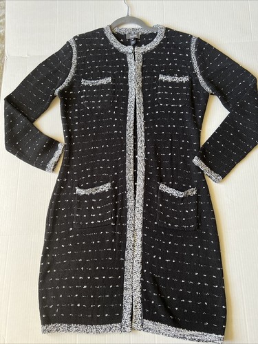 Neiman Marcus M Women's Black White Open Front Cardigan Sweater Long Pocket EUC - Picture 4 of 14