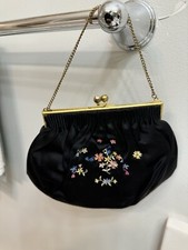 Vintage Handbag With Chain Floral Embroidered, Black Satin