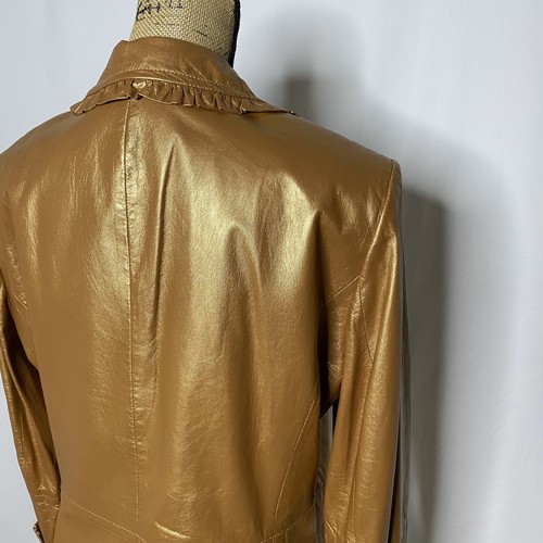 Chaqueta de Cuero St. John Lamb 12 Bronce Marrón Botones Volantes Frontales - Imagen 6 de 10