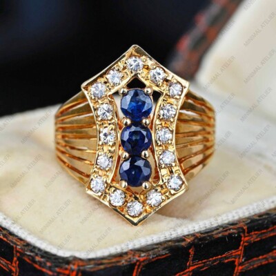 925 Silver Blue Sapphire Gemstone Cubic Zirconia Vintage Promise Ring  Jewelry
