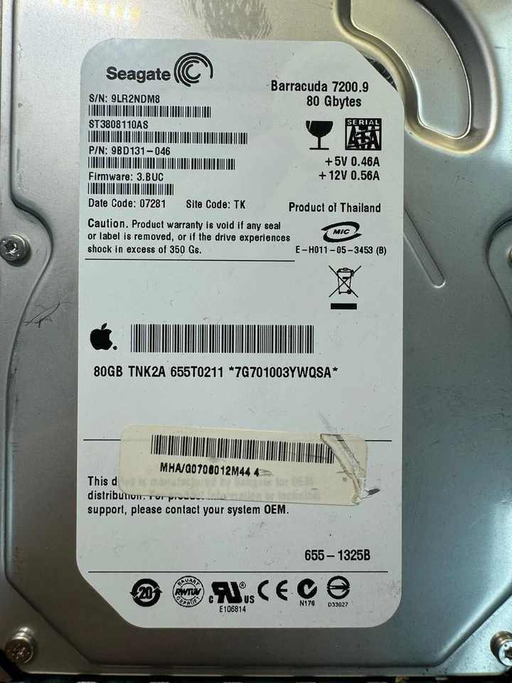 APPLE TNK2A 655T0211 ST3808110AS 9BD131-046 80GB FW 3.BUC Date Code 07281 3.5" - Image 2 of 4