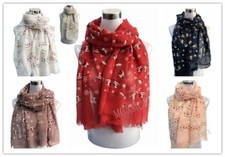 New Ladies Long Cute Winter Christmas Two Robin Birds Patten Print Scarf Wrap  