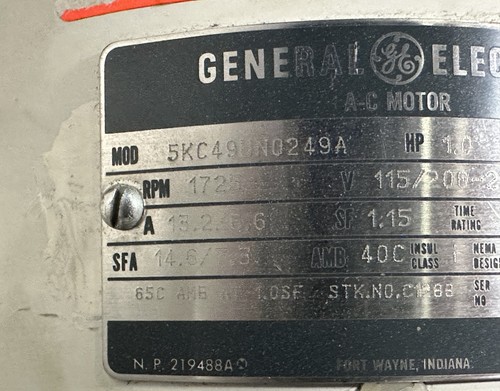 GE 5KC49UN0249A 115/230 V 1725 RPM 1 HP 1 PH 56C Frame TENV Washdown Duty Motor - Picture 6 of 10
