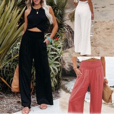 Wide Leg Trousers Long polyester Waist Pants Ladies Elasticated Bottoms Women