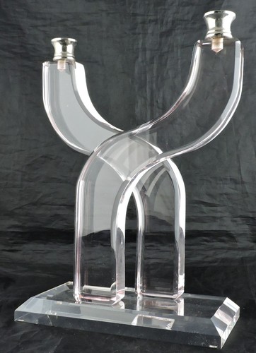 PALE PINK TWO ARM LUCITE SILVER PLATE CANDLESTICK CANDELABRA DECO STYLE SIGNED - Picture 6 of 12