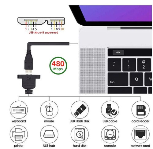 Type-B USB 2.0 Male to Micro 3.0 Type-B Female Screw Mount Extension Cable 0.5m - Picture 6 of 7