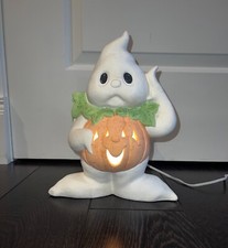 Halloween light up Ceramic Ghost in Pumpkin night decor 11 tall