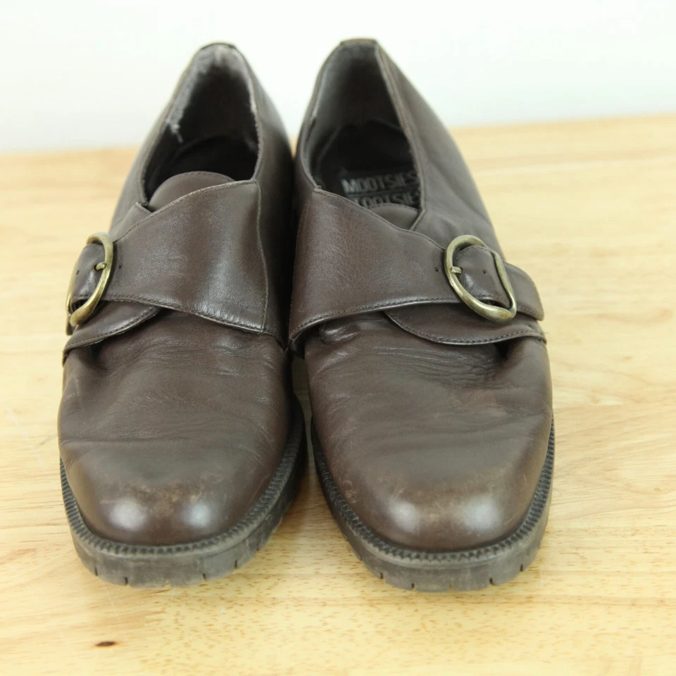 Mocasines de cuero marrón años 90 Y2K para mujer 7 1/2 tacón grueso correa monje hebilla academia Foto 2 de 4
