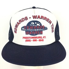 Vtg Edwards Warren Tire Cap Script Logo Mesh Foam Snap Back Trucker Baseball Hat