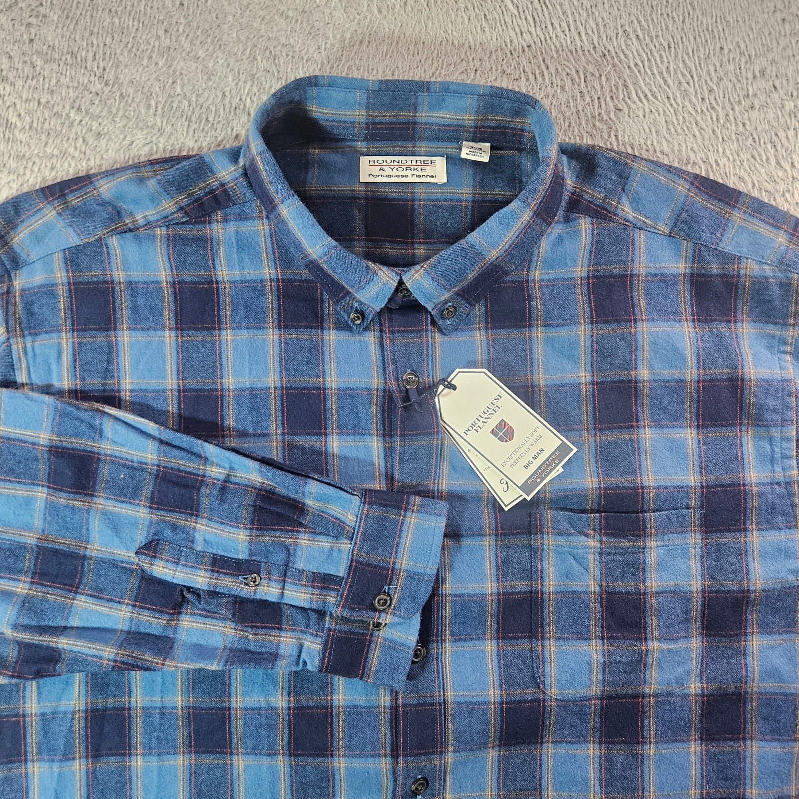 NWT Roundtree & Yorke Portuguese Flannel Shirt Men 3XB Blue Plaid