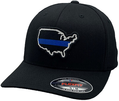 Blue Line U.S Map Patch Flex Fit Hat Black
