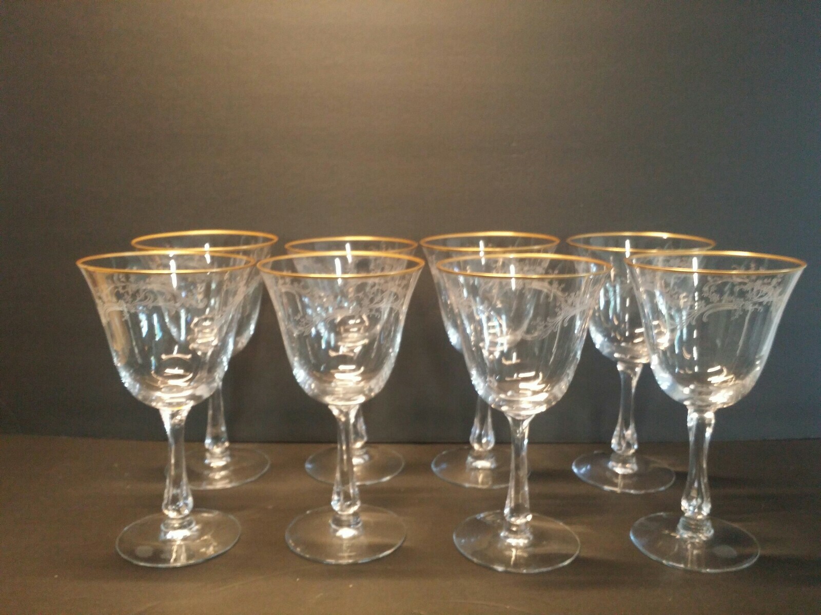 Set of 8 Fostoria Etch GOLDEN LACE 6oz Water Goblet/Wine Glass Gold