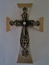 3 LAYER CROSS, GOLD & SILVER PAINTED WOOD W/ELEGANT CROSS ON TOP 8"X5" NEW