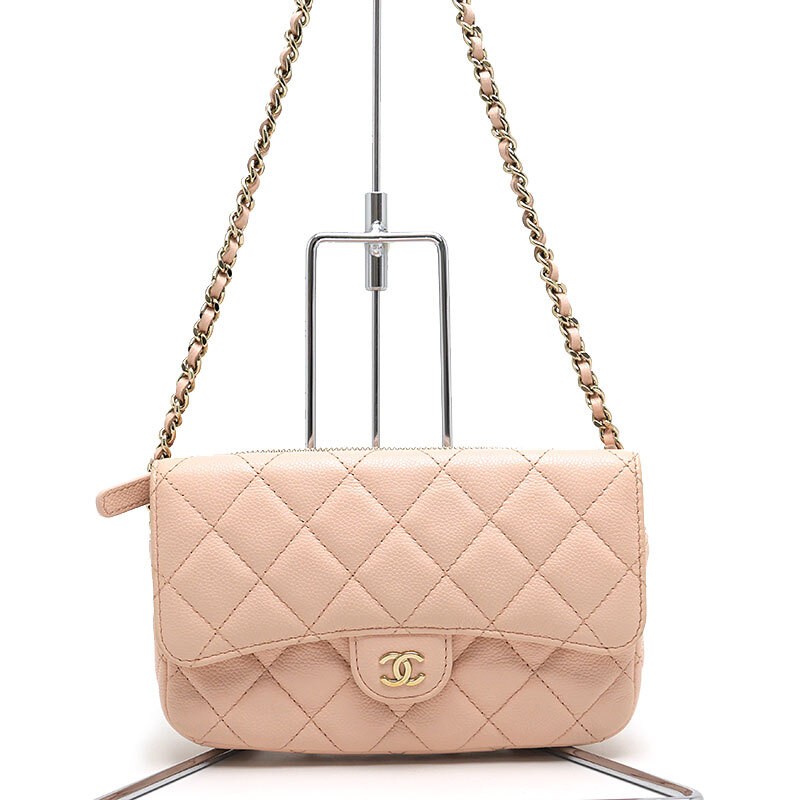 CHANEL Caviar Skin Pink Beige Chain Shoulder Bag Wallet AP2096