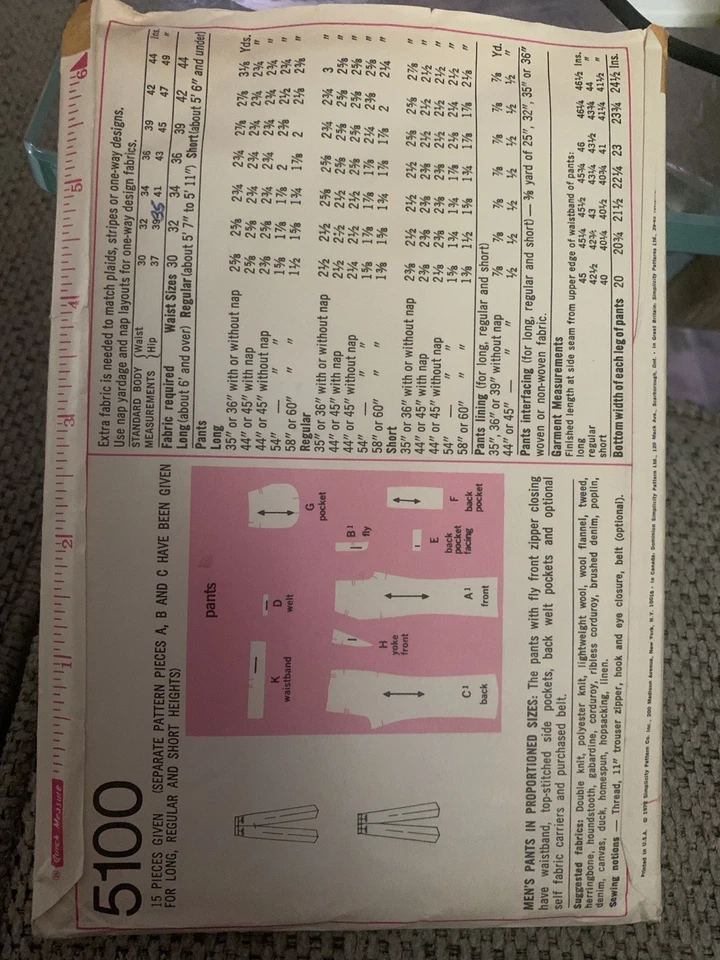 Simplicity Pattern 5100 Men's Pants in Proportioned Sizes Size 32 Cut Complete - Image 2 of 2