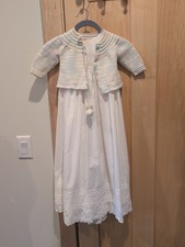 Vintage White Cotton Baby Christening Gown With Pastel Sweater