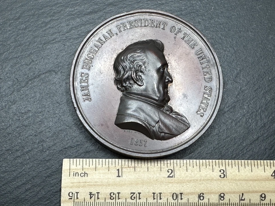 RARE 1857 BRONZED COPPER JAMES BUCHANAN INDIAN PEACE MEDAL FIRST BASEBALL  M57 - Image 3 of 4
